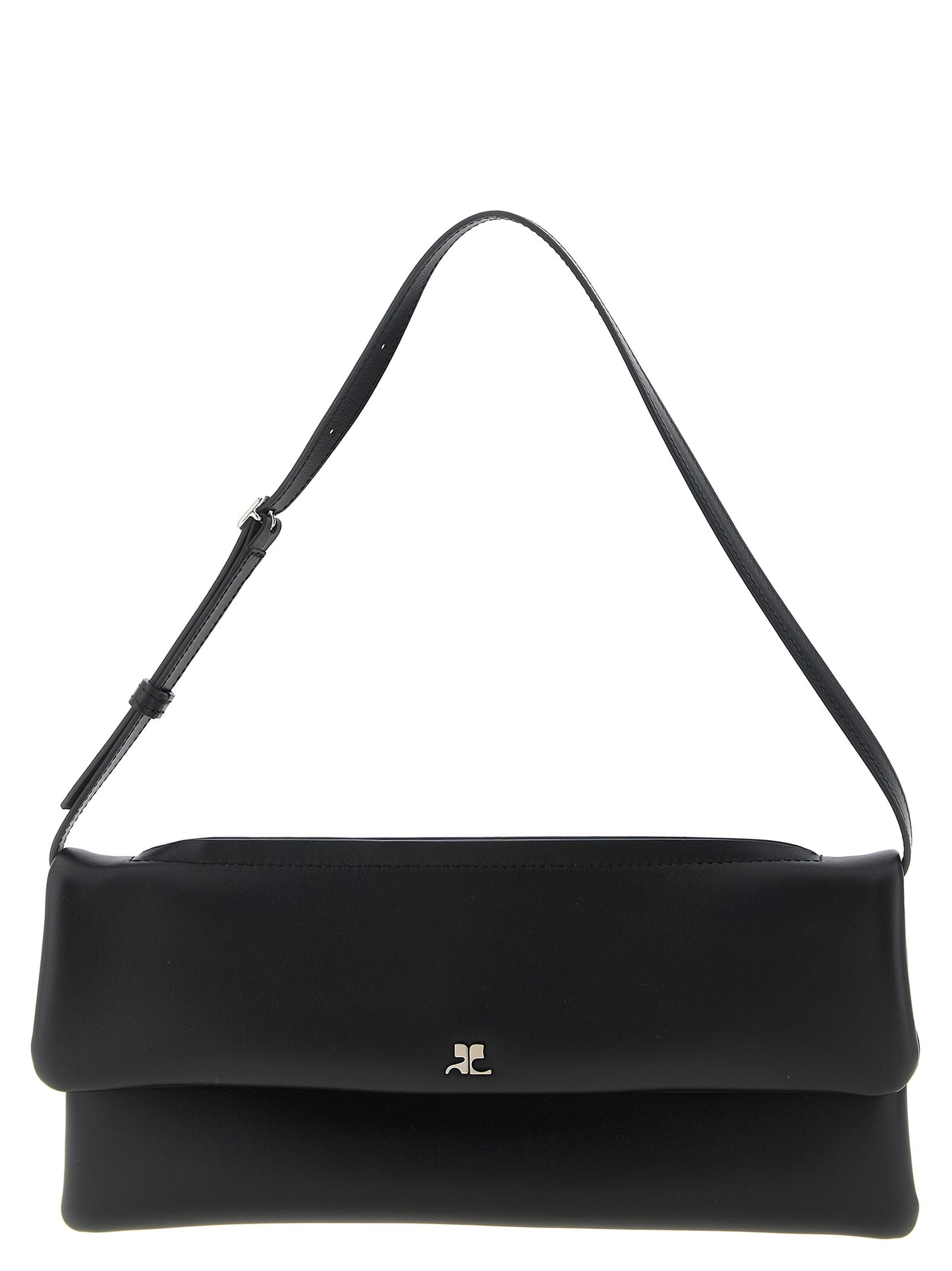 Shoulder Flap Clutch Handbag by Courrèges for women in denim cotton & acetate black showcases a sculptural silhouette, featuring a secure flap, zipper & magnetic, ample , and versatile shoulder-strap, wristlet, adjustable-strap & handle for a sculptural finish.