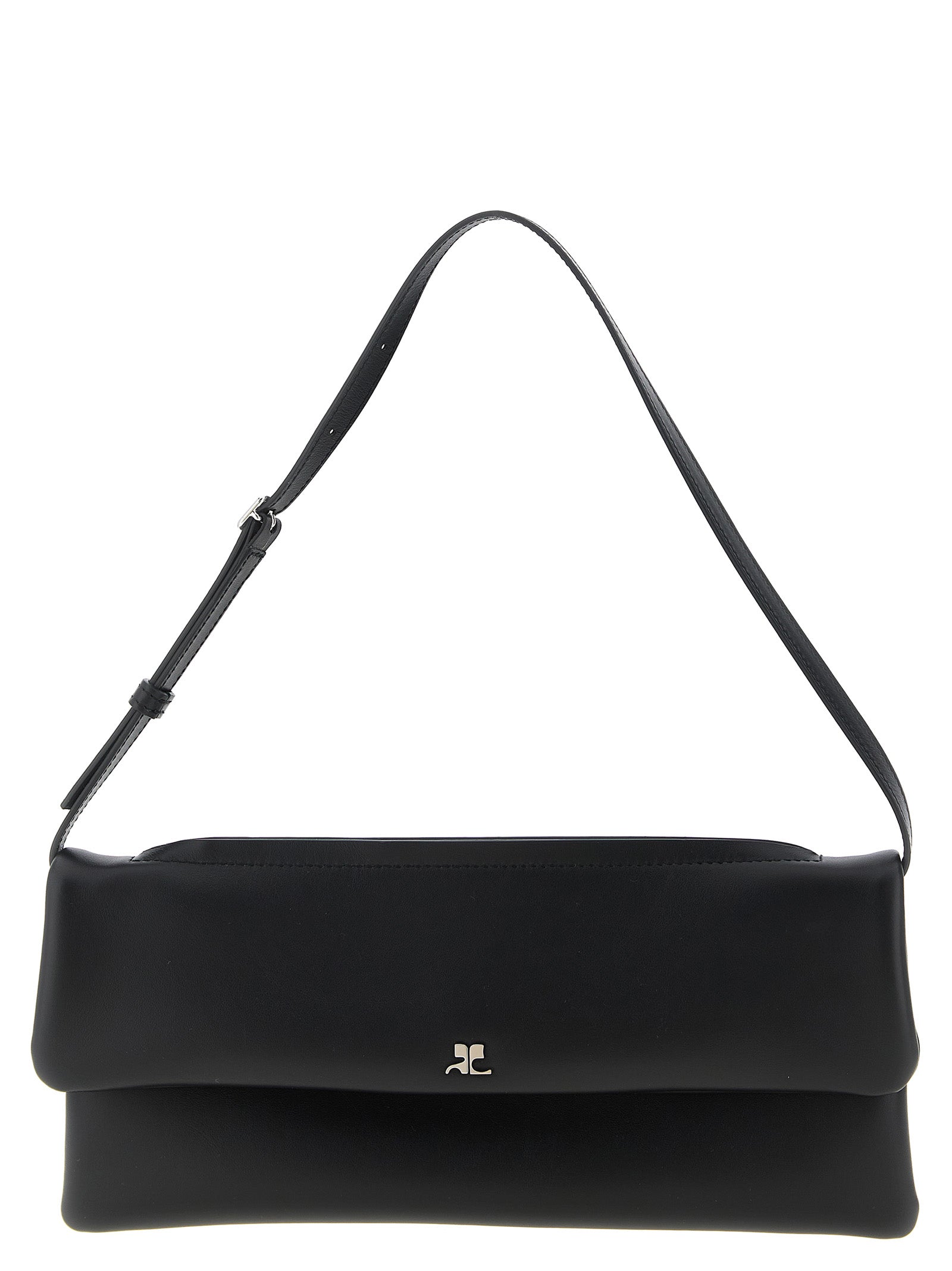Shoulder Flap Clutch Handbag by Courrèges for women in denim cotton & acetate black showcases a sculptural silhouette, featuring a secure flap, zipper & magnetic, ample , and versatile shoulder-strap, wristlet, adjustable-strap & handle for a sculptural finish.