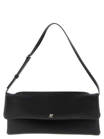 Shoulder Flap Clutch Handbag by Courrèges for women in denim cotton & acetate black showcases a sculptural silhouette, featuring a secure flap, zipper & magnetic, ample , and versatile shoulder-strap, wristlet, adjustable-strap & handle for a sculptural finish.