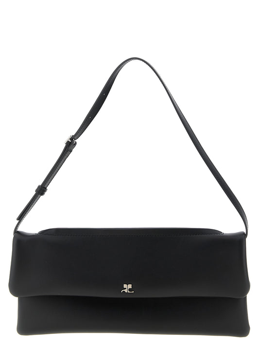 Shoulder Flap Clutch Handbag by Courrèges for women in denim cotton & acetate black showcases a sculptural silhouette, featuring a secure flap, zipper & magnetic, ample , and versatile shoulder-strap, wristlet, adjustable-strap & handle for a sculptural finish.