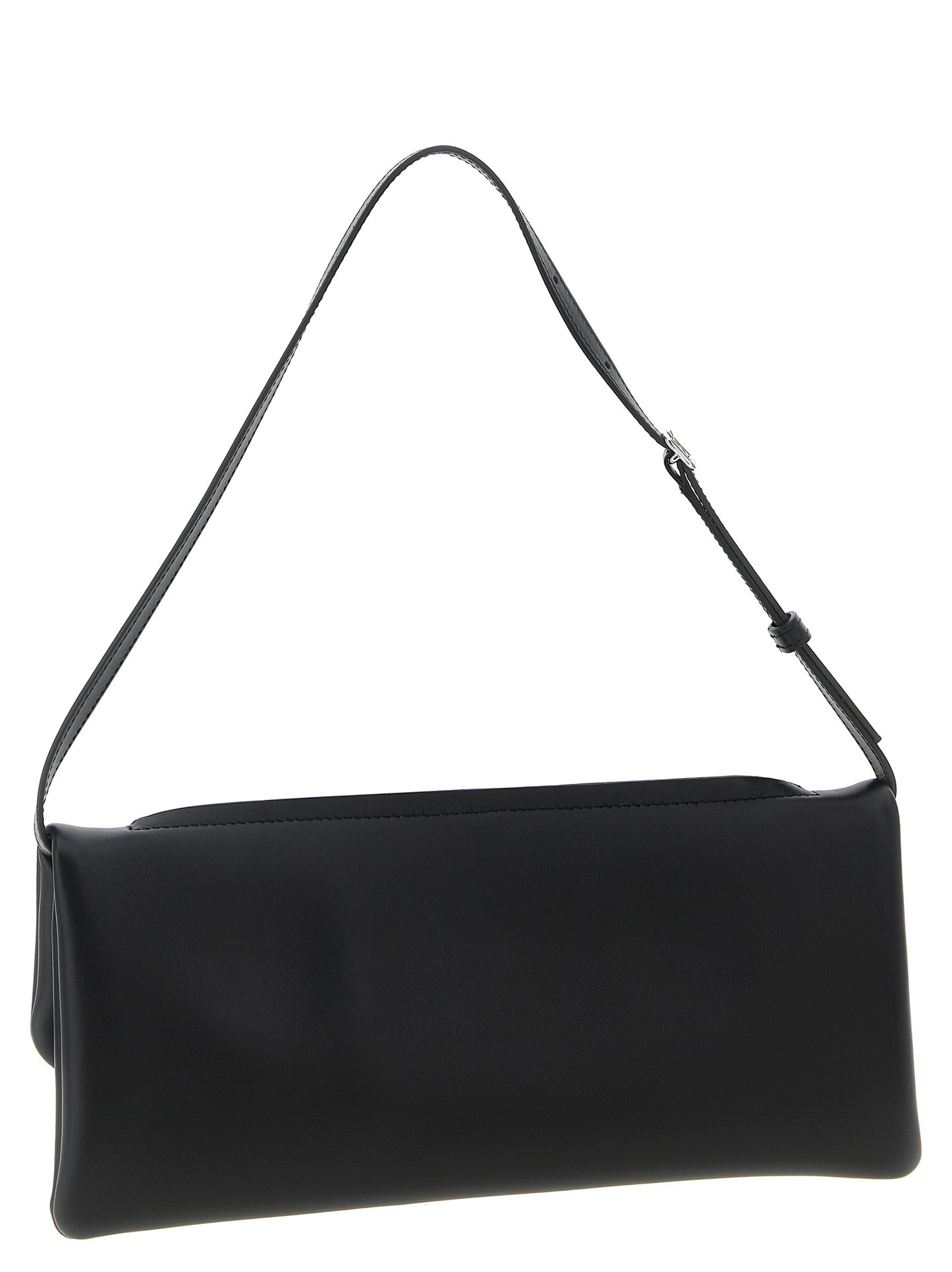 Shoulder Flap Clutch Handbag by Courrèges for women in denim cotton & acetate black features an sculptural silhouette, showcasing a secure flap, zipper & magnetic and sculptural with versatile shoulder-strap, wristlet, adjustable-strap & handle for a sophisticated look.