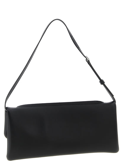 Shoulder Flap Clutch Handbag by Courrèges for women in denim cotton & acetate black features an sculptural silhouette, showcasing a secure flap, zipper & magnetic and sculptural with versatile shoulder-strap, wristlet, adjustable-strap & handle for a sophisticated look.