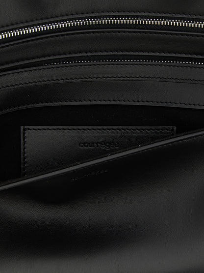 Shoulder Flap Clutch Handbag by Courrèges for women in denim cotton & acetate black features a sculptural silhouette with a secure flap, zipper & magnetic, organized , and versatile shoulder-strap, wristlet, adjustable-strap & handle for a sculptural finish.