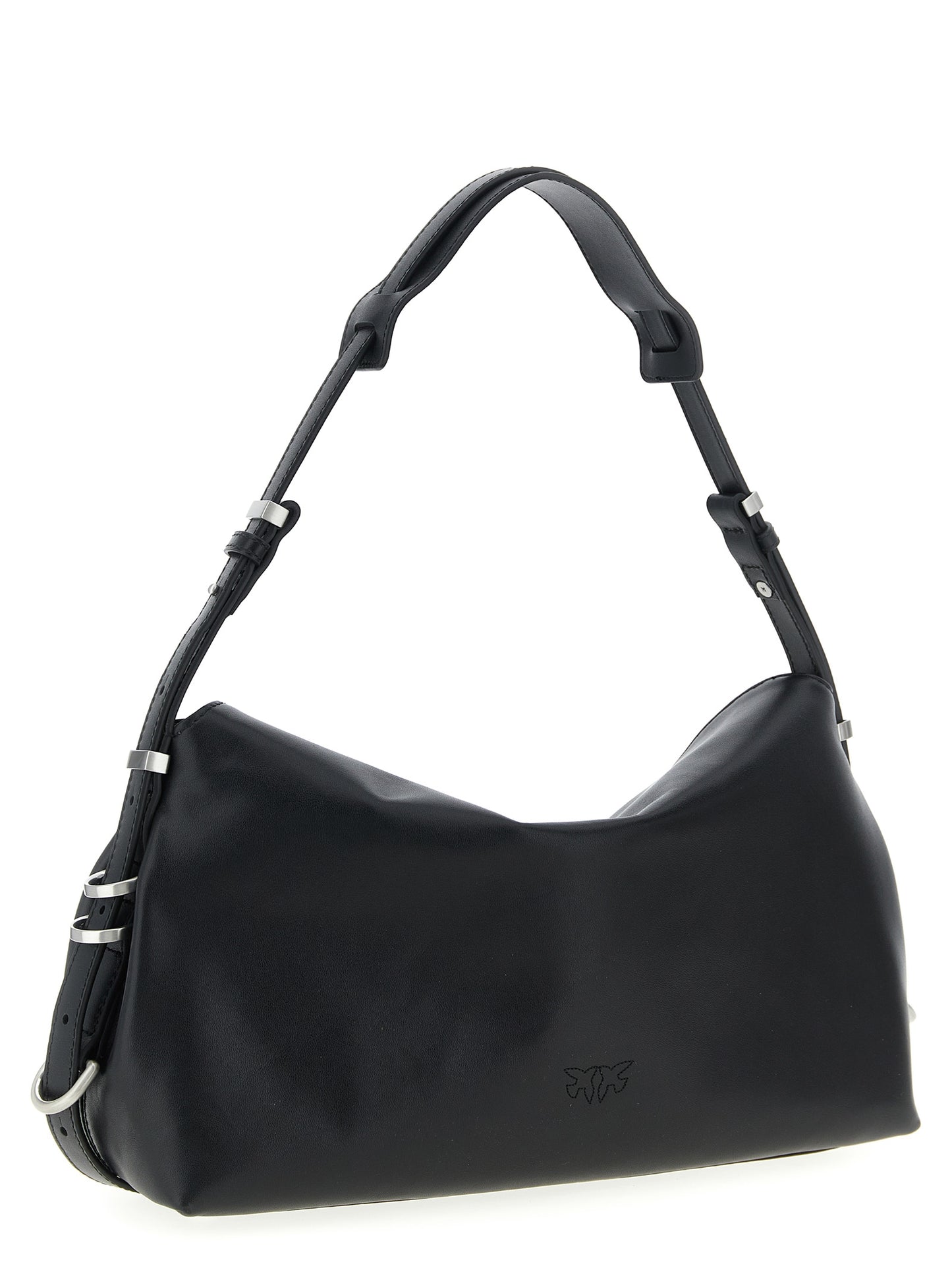 Shoulder Saddle Baguette Bag by PINKO for women in viscose & synthetic fur black & silver presents a statuesque silhouette, showcasing a secure and statuesque with versatile shoulder-strap & adjustable-strap for a sophisticated look.