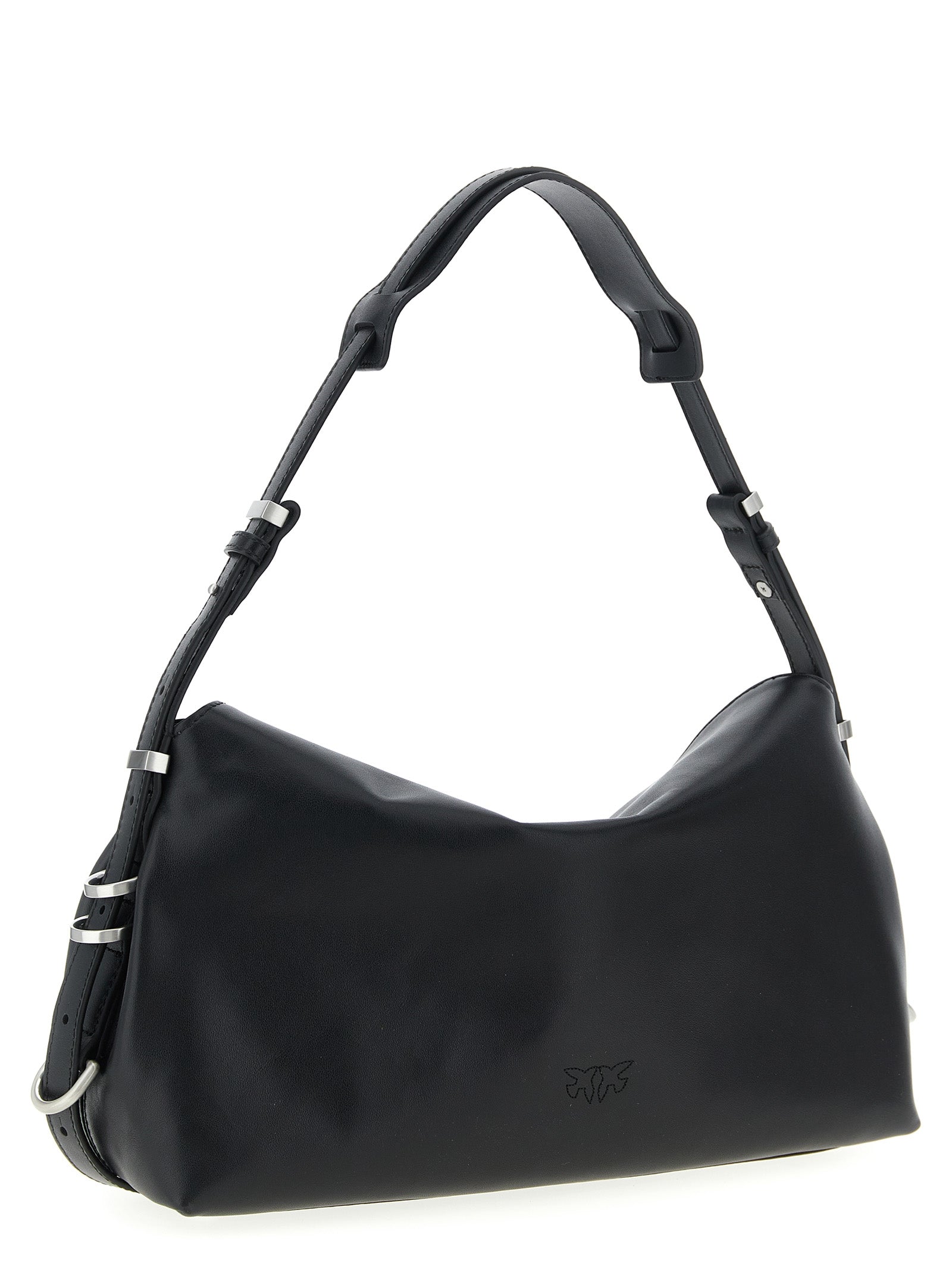 Shoulder Saddle Baguette Bag by PINKO for women in viscose & synthetic fur black & silver presents a statuesque silhouette, showcasing a secure and statuesque with versatile shoulder-strap & adjustable-strap for a sophisticated look.