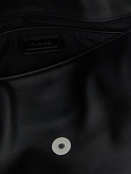 Shoulder Saddle Baguette Bag by PINKO for women in viscose & synthetic fur black & silver presents a statuesque silhouette, showcasing a secure and statuesque with versatile shoulder-strap & adjustable-strap for a sophisticated look.
