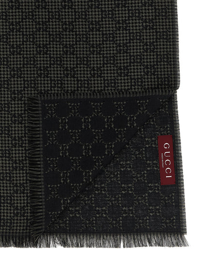 Scarf by Gucci for men in wool & silk multicolor & jacquard showcases a warm silhouette from the Gg Wool & Silk Foulard Wrap Fringes Scarf collection, offering a warm drape that exudes sophisticated luxury.
