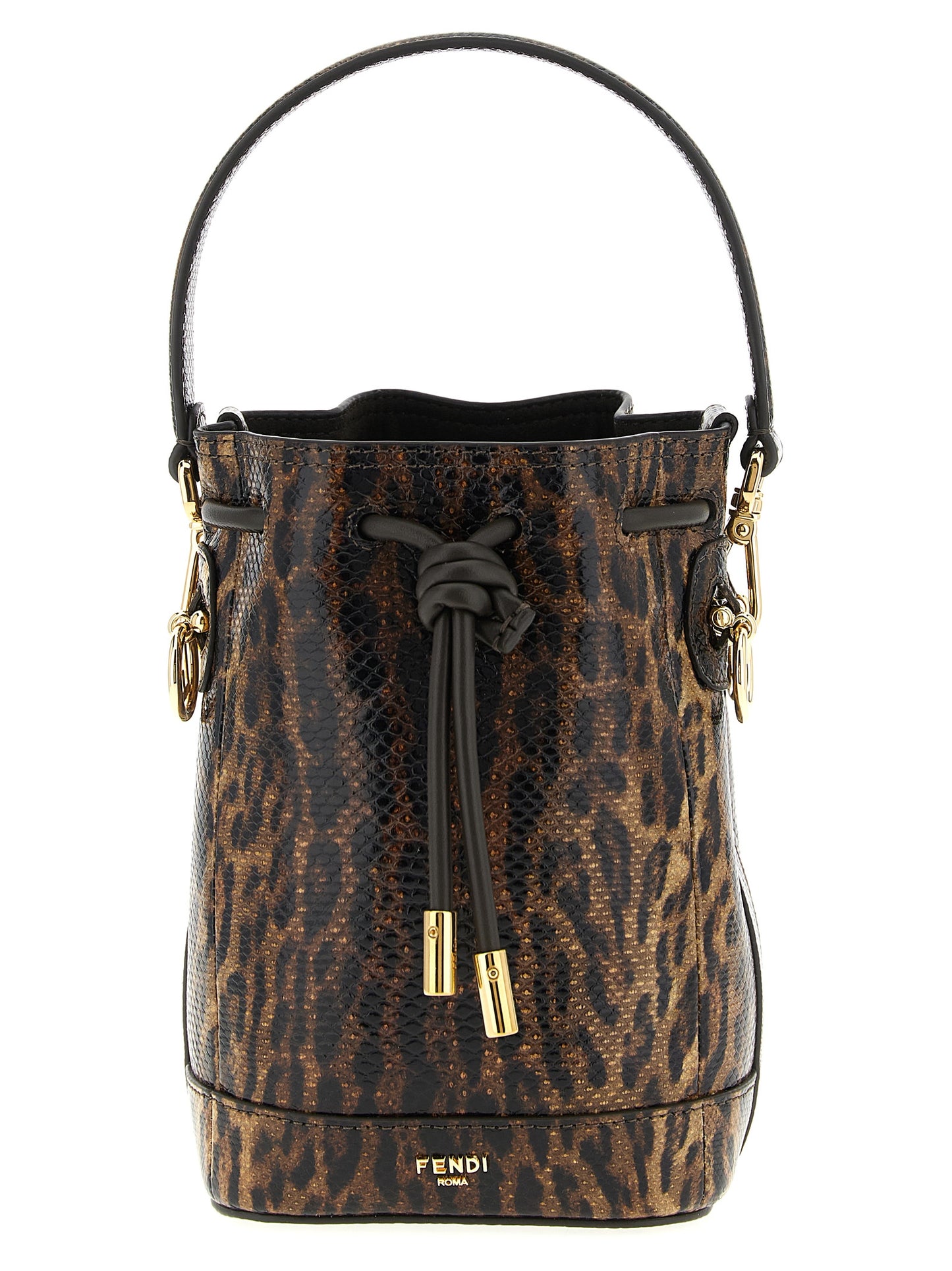 This Mini Bucket Handbag by Fendi for women in synthetic suede leather and brown & gold presents a sculptural silhouette featuring a secure drawstring, ample , and versatile shoulder-strap & handle for a sculptural finish.