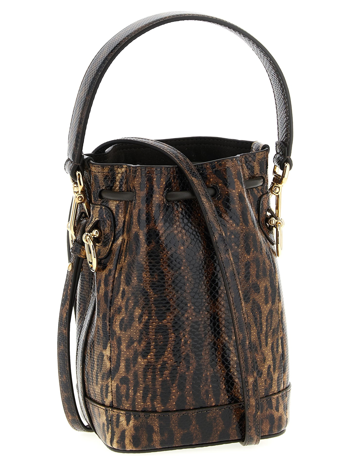 Mini Bucket Handbag by Fendi for women in synthetic suede leather brown & gold presents a ornamental silhouette, showcasing a secure drawstring, ample , and versatile shoulder-strap & handle for a ornamental finish.
