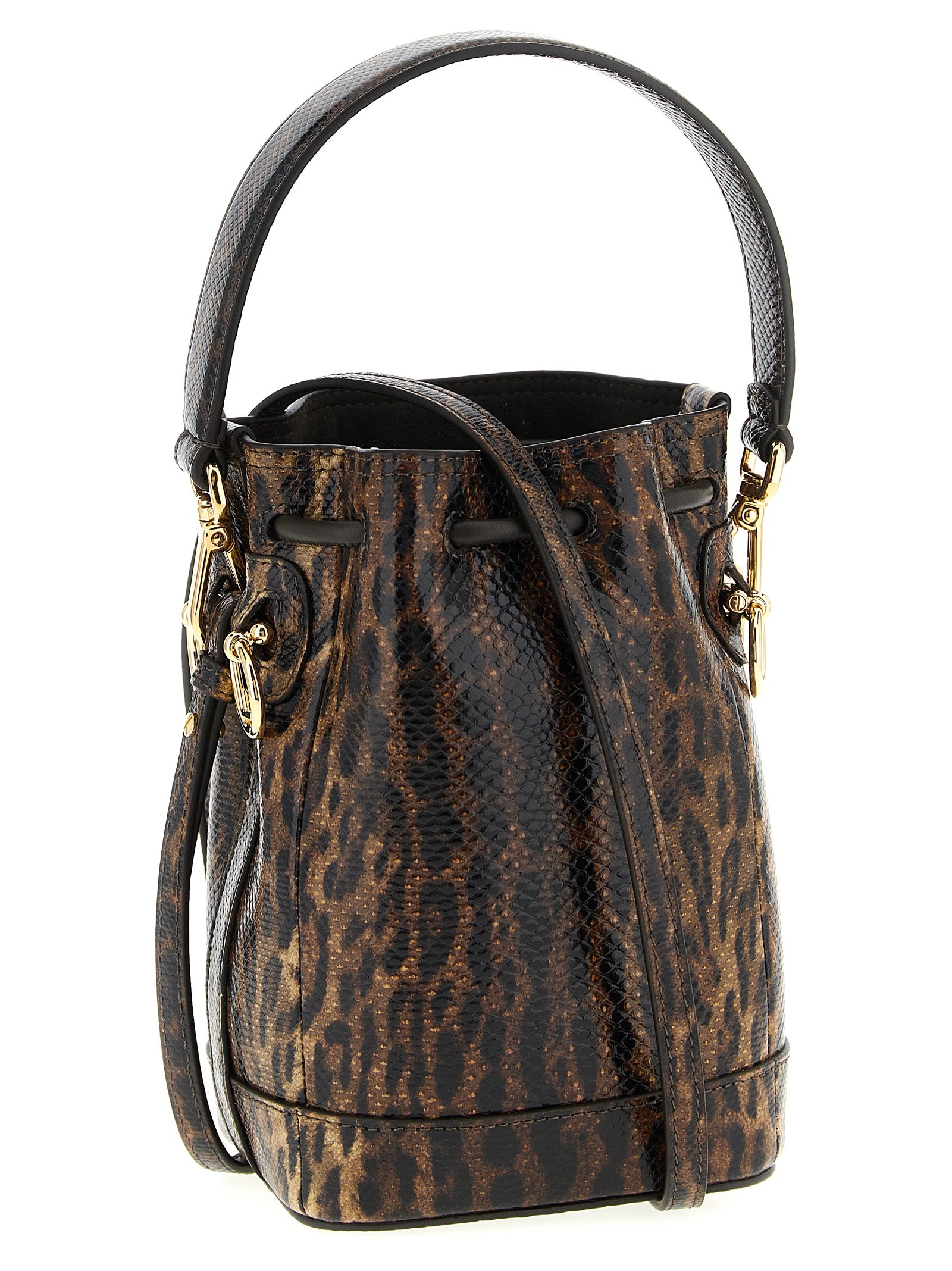 Mini Bucket Handbag by Fendi for women in synthetic suede leather brown & gold presents a ornamental silhouette, showcasing a secure drawstring, ample , and versatile shoulder-strap & handle for a ornamental finish.