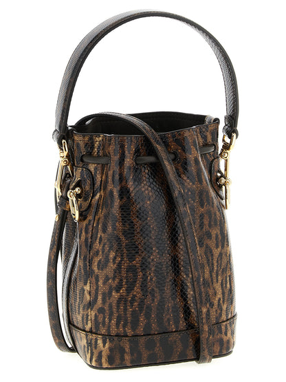 Mini Bucket Handbag by Fendi for women in synthetic suede leather brown & gold presents a ornamental silhouette, showcasing a secure drawstring, ample , and versatile shoulder-strap & handle for a ornamental finish.