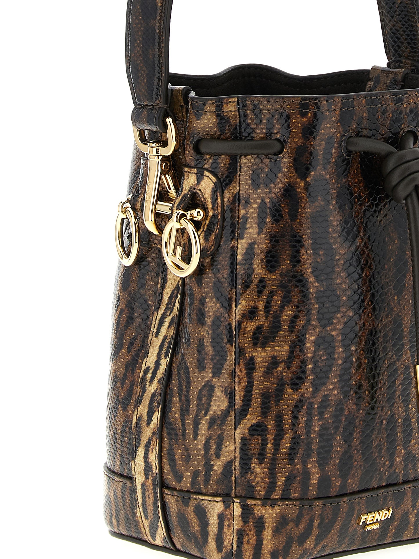 Mini Bucket Handbag by Fendi for women in synthetic suede leather brown & gold features a ornamental silhouette, showcasing a secure drawstring, ample , and ornamental shoulder-strap & handle for a sophisticated look.