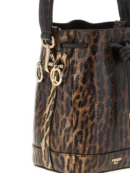 Mini Bucket Handbag by Fendi for women in synthetic suede leather brown & gold features a ornamental silhouette, showcasing a secure drawstring, ample , and ornamental shoulder-strap & handle for a sophisticated look.