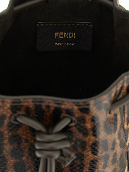 Mini Bucket Handbag by Fendi for women in synthetic suede leather brown & gold features an refined silhouette, showcasing a secure drawstring, ample , and versatile shoulder-strap & handle for a sophisticated refined aesthetic.