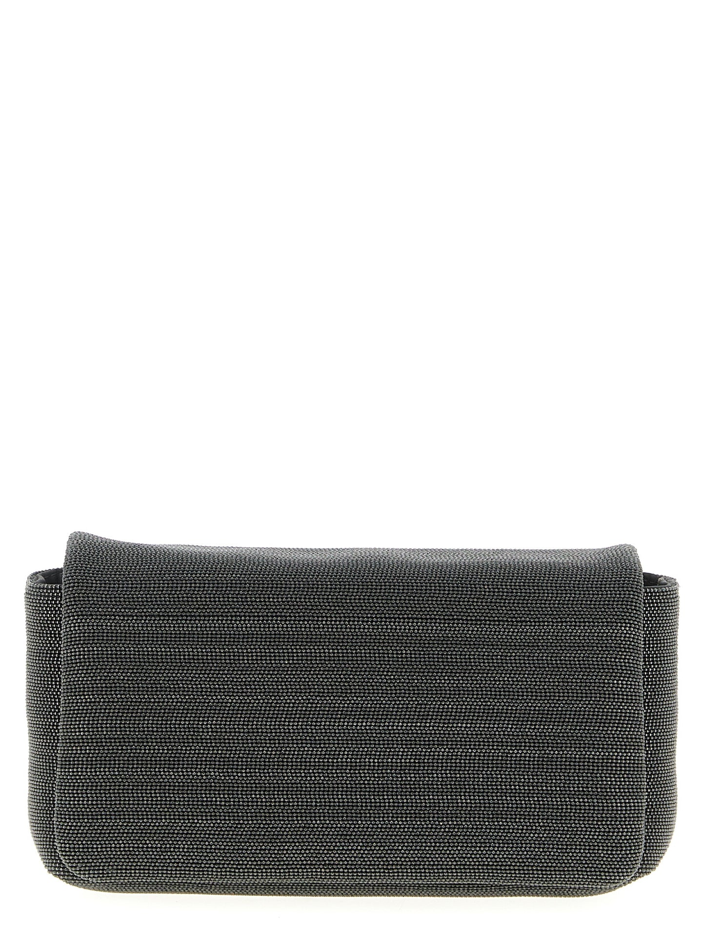 Shoulder Flap Clutch Handbag by Brunello Cucinelli for women in leather black features a sculptural silhouette with a secure flap & magnetic, ample , and versatile shoulder-strap & adjustable-strap for a sculptural finish.