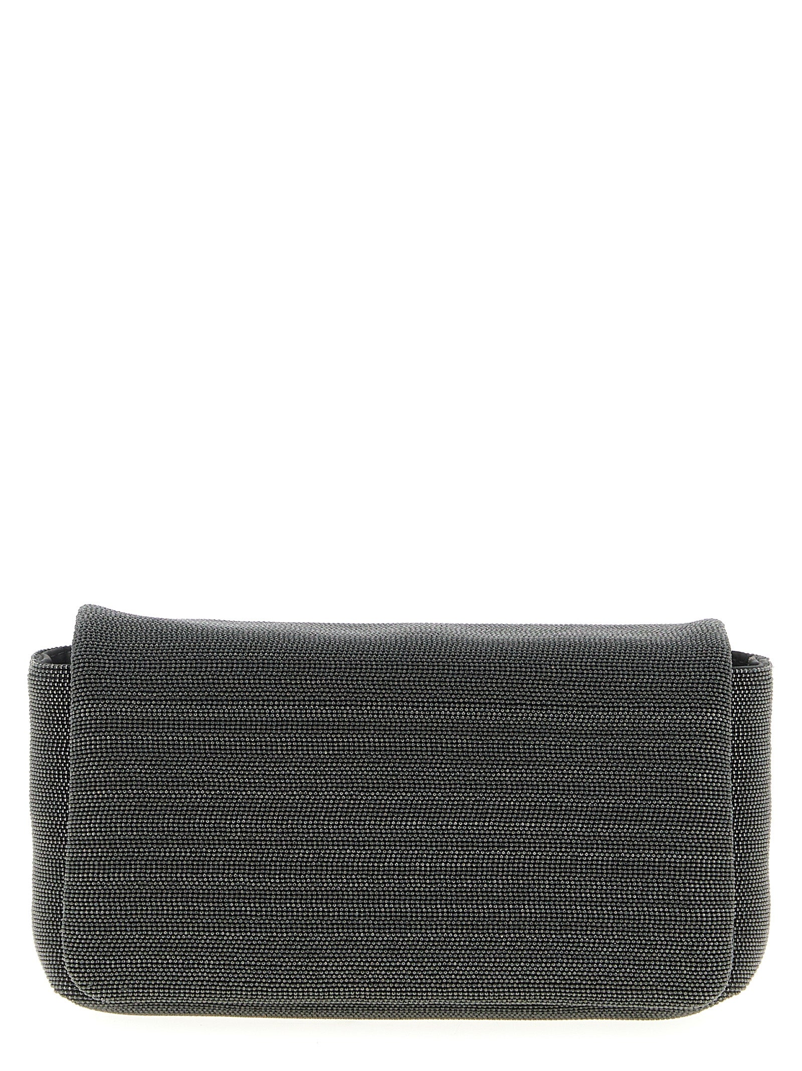 Shoulder Flap Clutch Handbag by Brunello Cucinelli for women in leather black features a sculptural silhouette with a secure flap & magnetic, ample , and versatile shoulder-strap & adjustable-strap for a sculptural finish.