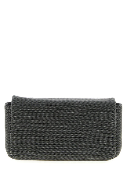 Shoulder Flap Clutch Handbag by Brunello Cucinelli for women in leather black features a sculptural silhouette with a secure flap & magnetic, ample , and versatile shoulder-strap & adjustable-strap for a sculptural finish.