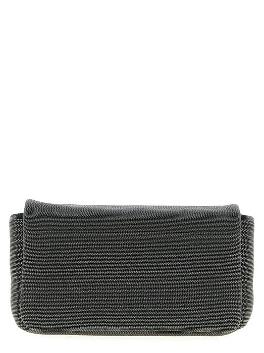 Shoulder Flap Clutch Handbag by Brunello Cucinelli for women in leather black features a sculptural silhouette with a secure flap & magnetic, ample , and versatile shoulder-strap & adjustable-strap for a sculptural finish.