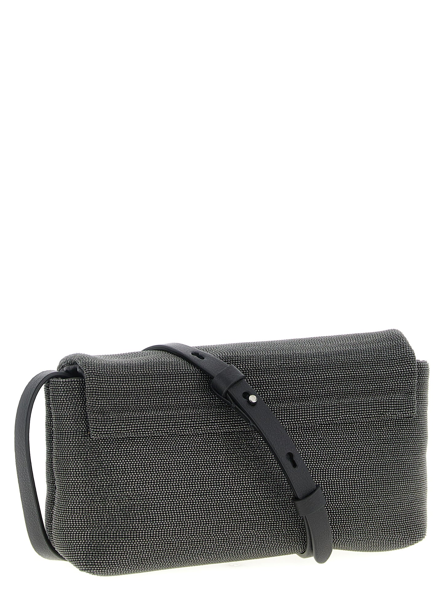 Shoulder Flap Clutch Handbag by Brunello Cucinelli for women in leather black features a sculptural silhouette with a secure flap & magnetic, organized , and versatile shoulder-strap & adjustable-strap for a sculptural finish.
