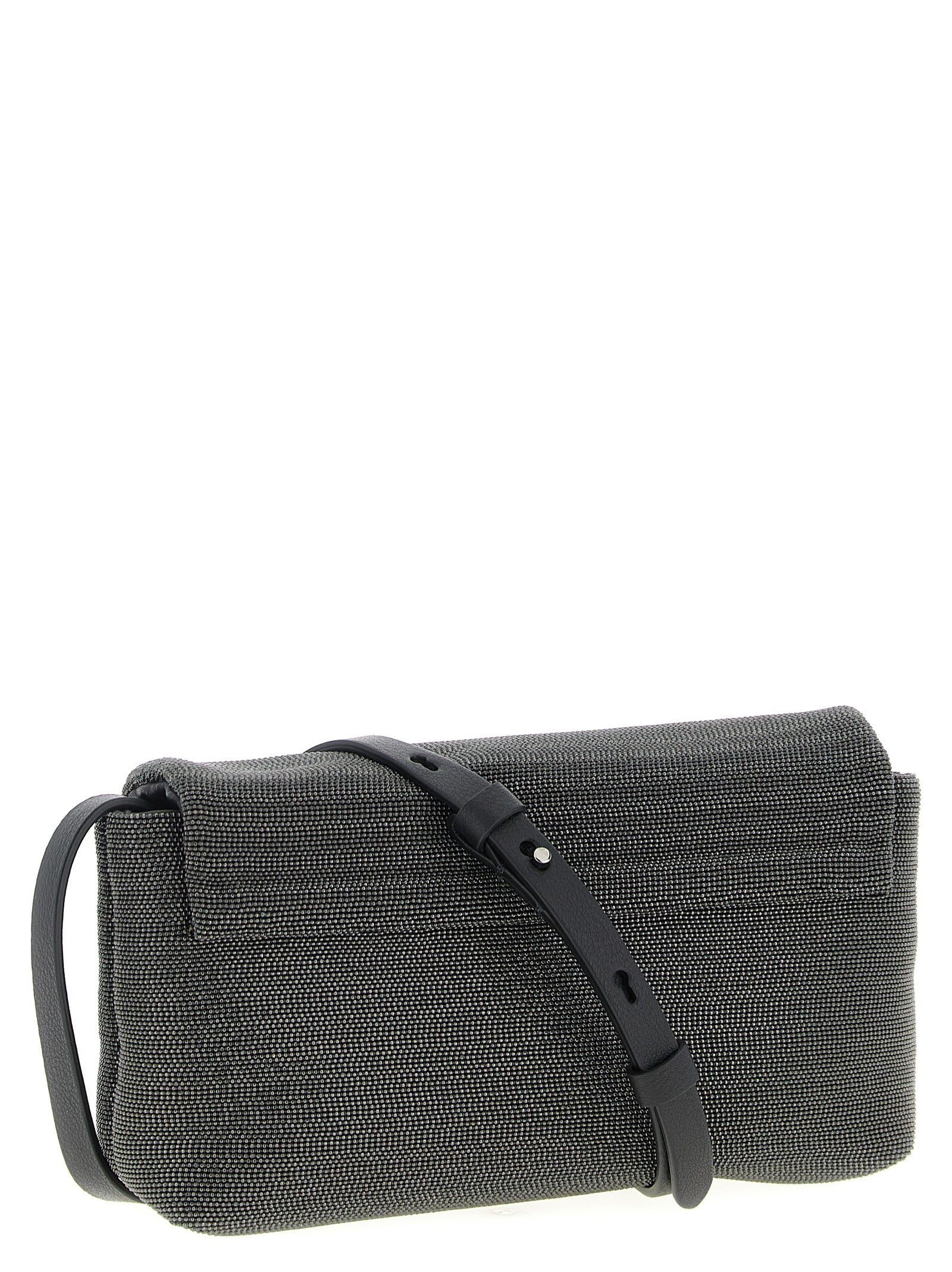 Shoulder Flap Clutch Handbag by Brunello Cucinelli for women in leather black features a sculptural silhouette with a secure flap & magnetic, organized , and versatile shoulder-strap & adjustable-strap for a sculptural finish.