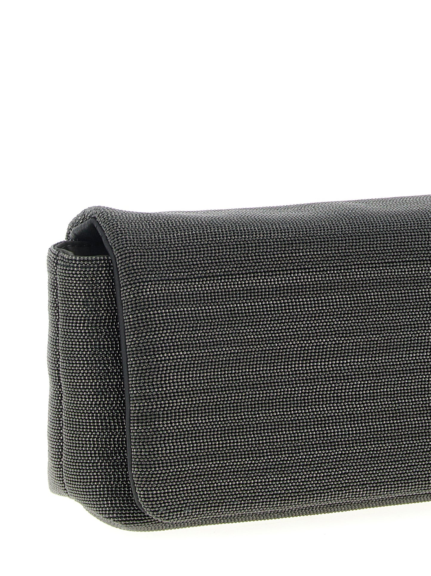 Shoulder Flap Clutch Handbag by Brunello Cucinelli for women in leather black showcases a sculptural silhouette, featuring a secure flap & magnetic, ample , and versatile shoulder-strap & adjustable-strap for a sculptural finish.
