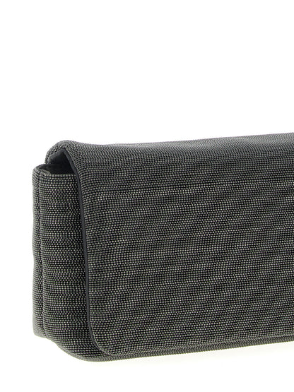 Shoulder Flap Clutch Handbag by Brunello Cucinelli for women in leather black showcases a sculptural silhouette, featuring a secure flap & magnetic, ample , and versatile shoulder-strap & adjustable-strap for a sculptural finish.