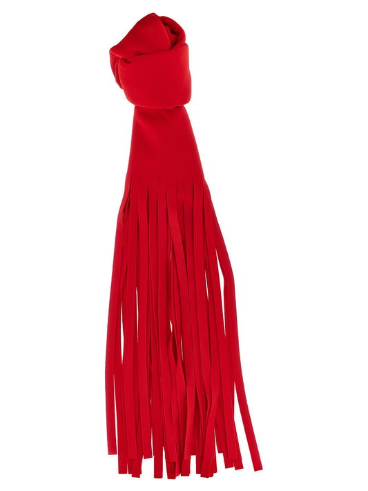 Scarf by Sportmax for women in virgin wool multicolor & red showcases a warm silhouette from the Essence Virgin Wool Foulard Wrap Fringes Scarf collection, offering a warm drape that exudes sophisticated luxury.