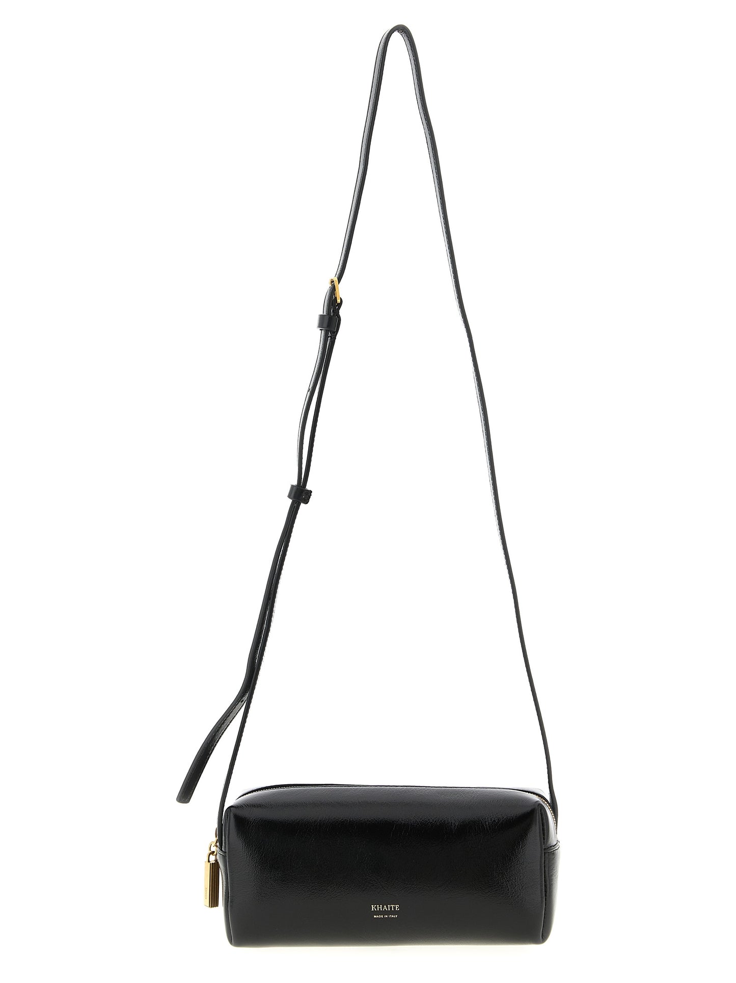 Mini East West Crossbody Handbag by Khaite for women in calfskin leather black features a versatile chic silhouette, meticulously detailed with a secure zipper, ample , and versatile crossbody-strap, shoulder-strap & adjustable-strap.