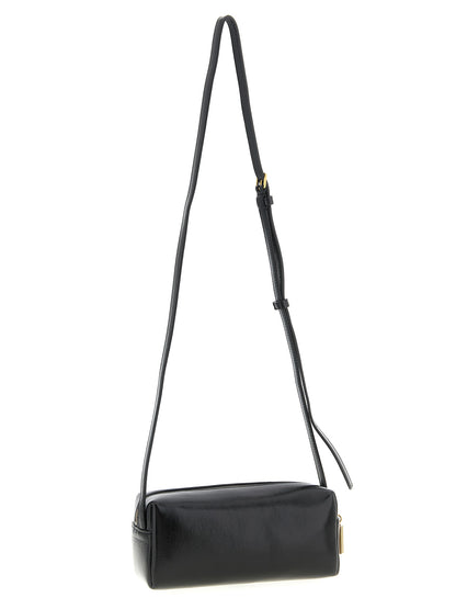 Mini East West Crossbody Handbag by Khaite for women in calfskin leather black features a transformative elegance silhouette, showcasing a secure zipper, organized , and versatile crossbody-strap, shoulder-strap & adjustable-strap for a transformative elegance look.