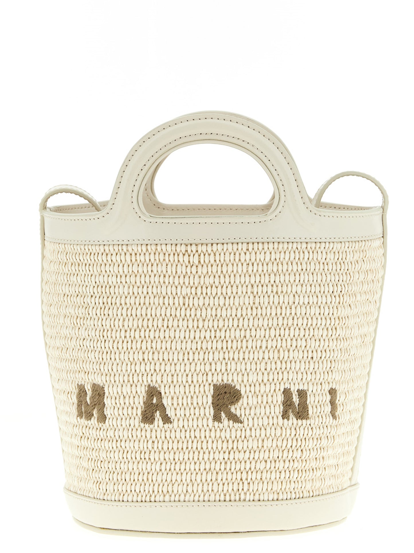 Small Bucket Handbag by Marni for women in cotton leather & polyester white features a ornamental silhouette, showcasing a secure drawstring, ample , and ornamental shoulder-strap & adjustable-strap for a sophisticated look.