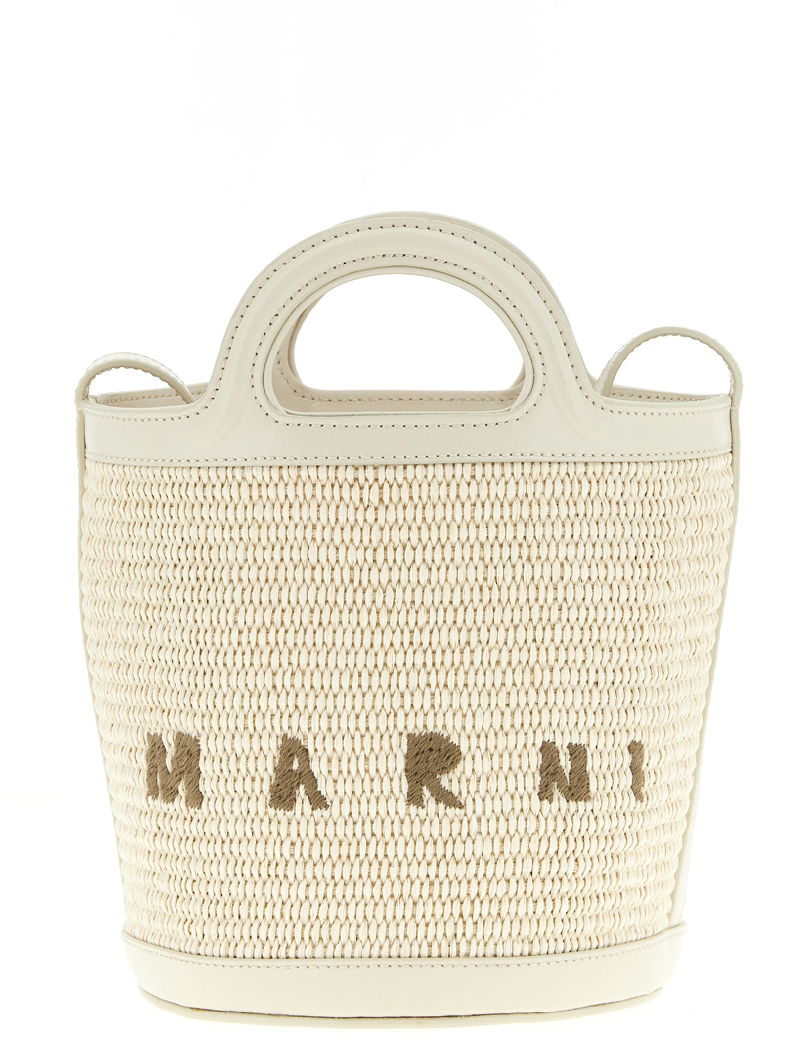 Small Bucket Handbag by Marni for women in cotton leather & polyester white features a ornamental silhouette, showcasing a secure drawstring, ample , and ornamental shoulder-strap & adjustable-strap for a sophisticated look.
