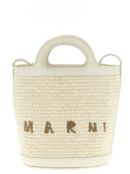 Small Bucket Handbag by Marni for women in cotton leather & polyester white features a ornamental silhouette, showcasing a secure drawstring, ample , and ornamental shoulder-strap & adjustable-strap for a sophisticated look.