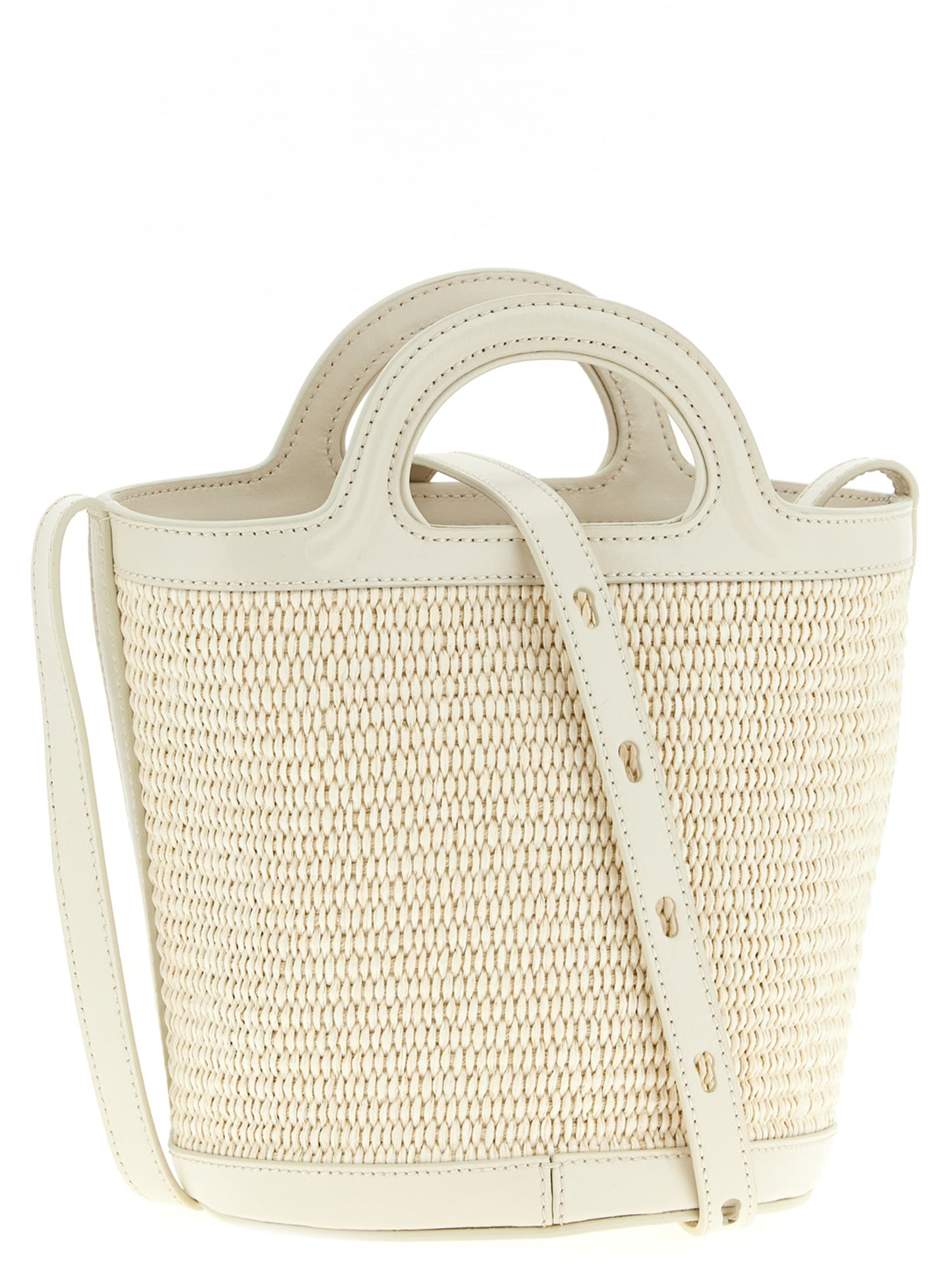 Small Bucket Handbag by Marni for women in cotton leather & polyester white features a signature silhouette, showcasing a secure drawstring and signature with versatile shoulder-strap & adjustable-strap for a sophisticated look.