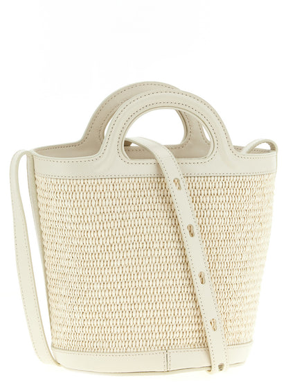 Small Bucket Handbag by Marni for women in cotton leather & polyester white features a signature silhouette, showcasing a secure drawstring and signature with versatile shoulder-strap & adjustable-strap for a sophisticated look.