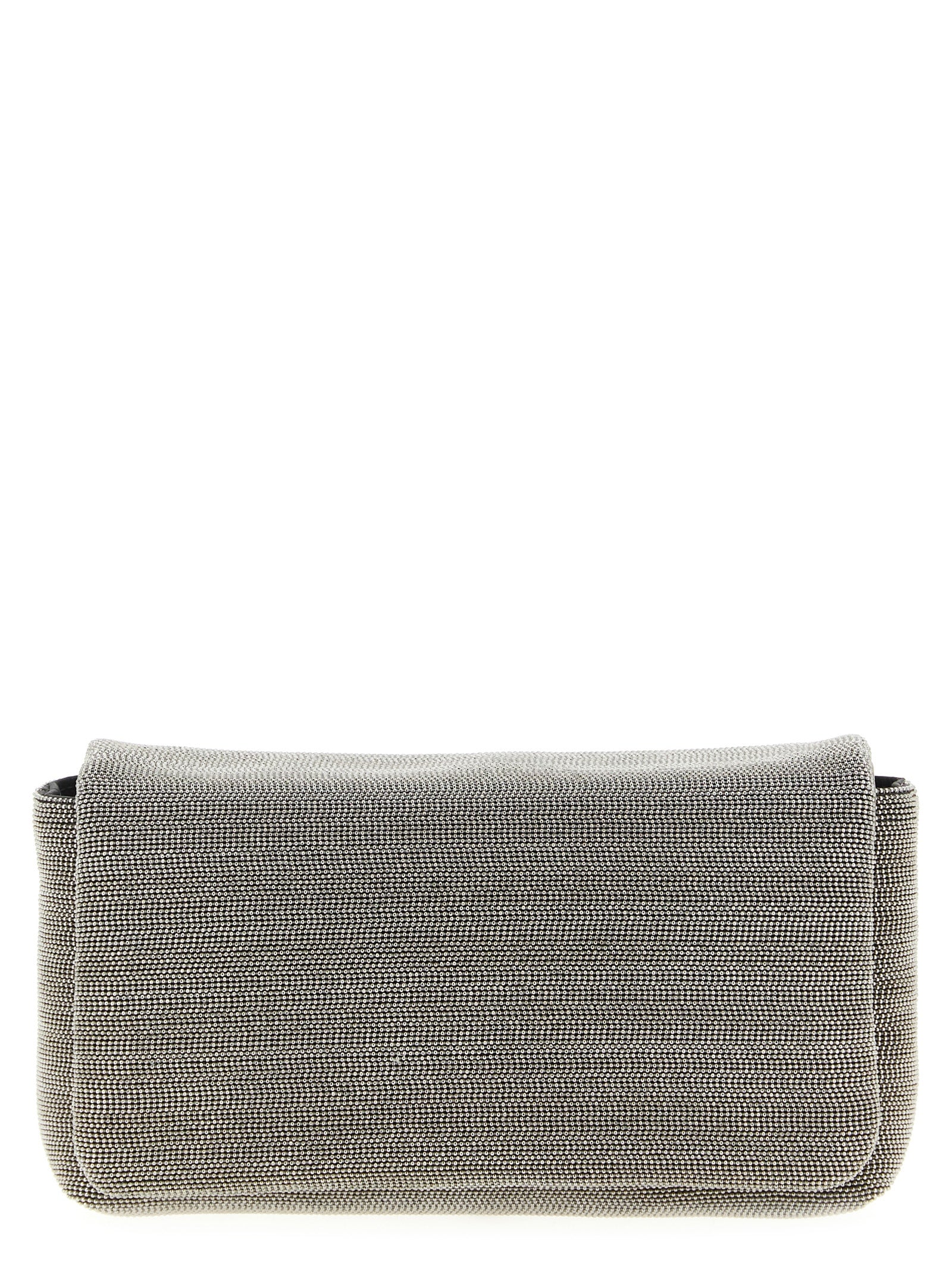Crossbody Flap Clutch Handbag by Brunello Cucinelli for women in nappa leather & rubber silver features a architectural silhouette, showcasing a secure flap & magnetic, ample , and versatile crossbody-strap, shoulder-strap & adjustable-strap for a architectural finish.