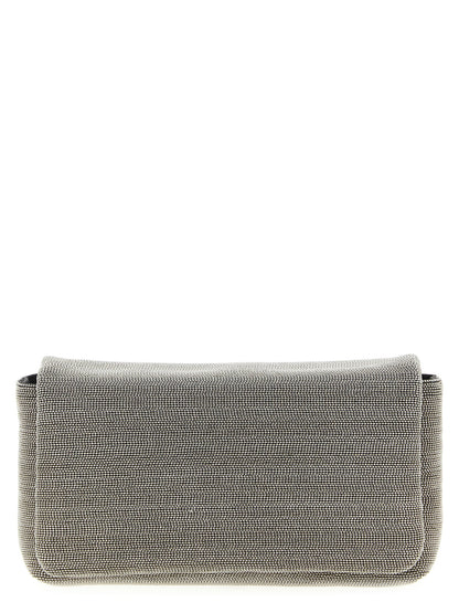Crossbody Flap Clutch Handbag by Brunello Cucinelli for women in nappa leather & rubber silver features a architectural silhouette, showcasing a secure flap & magnetic, ample , and versatile crossbody-strap, shoulder-strap & adjustable-strap for a architectural finish.
