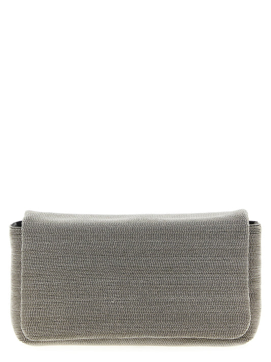 Crossbody Flap Clutch Handbag by Brunello Cucinelli for women in nappa leather & rubber silver features a architectural silhouette, showcasing a secure flap & magnetic, ample , and versatile crossbody-strap, shoulder-strap & adjustable-strap for a architectural finish.