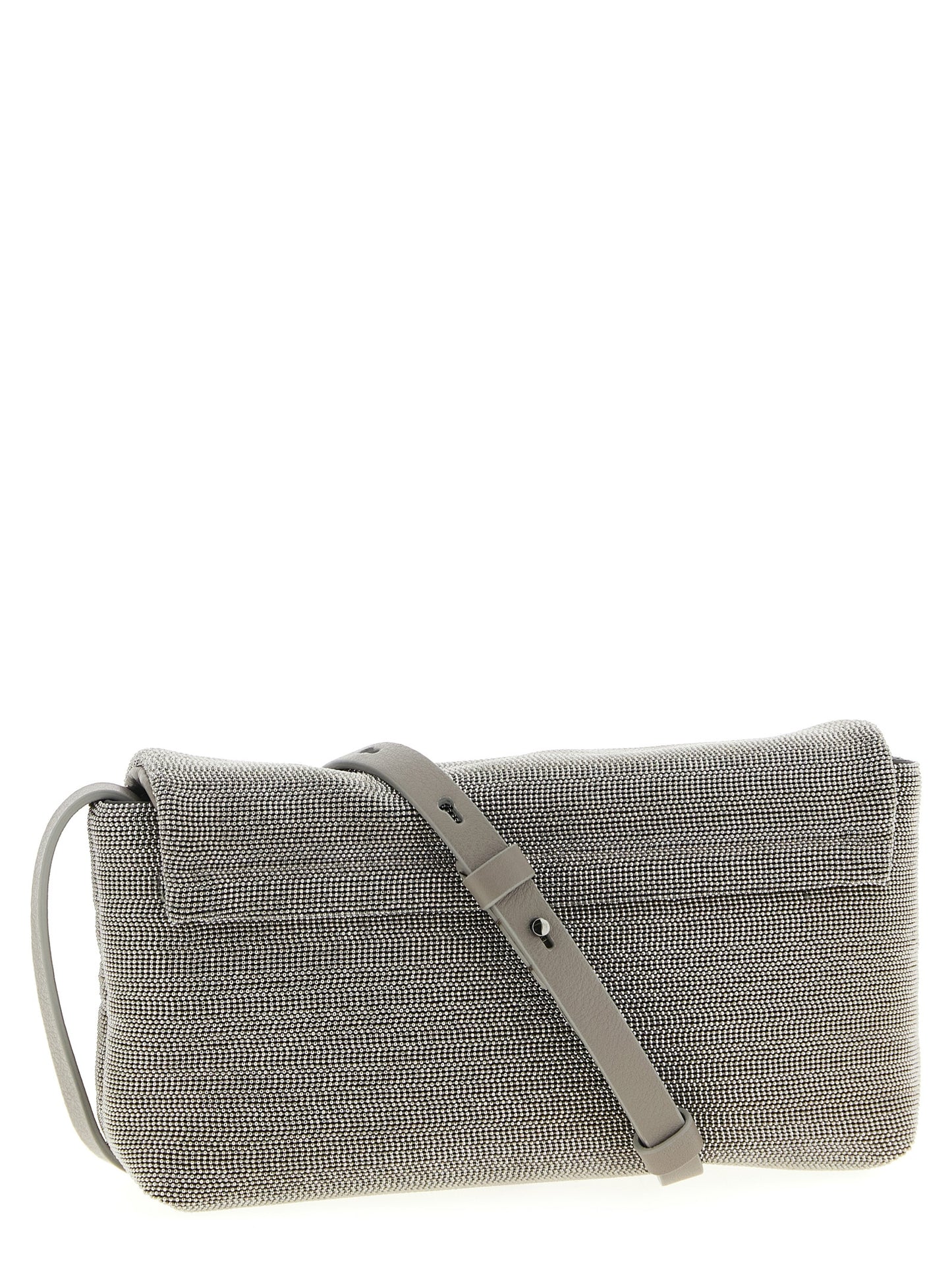 Crossbody Flap Clutch Handbag by Brunello Cucinelli for women in nappa leather & rubber silver features a statuesque silhouette, showcasing a secure flap & magnetic and organized with versatile crossbody-strap, shoulder-strap & adjustable-strap for statuesque evening wear.