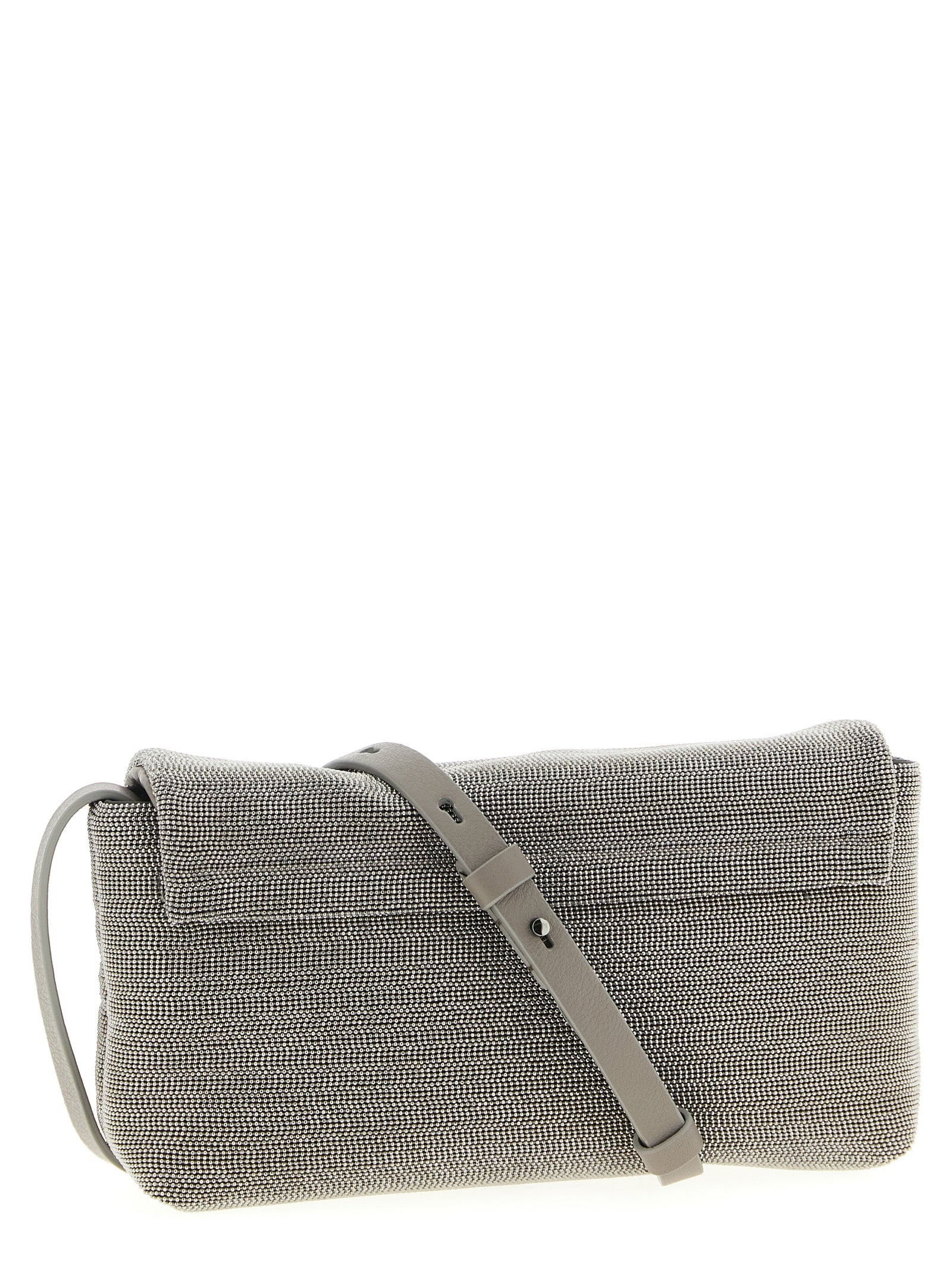 Crossbody Flap Clutch Handbag by Brunello Cucinelli for women in nappa leather & rubber silver features a statuesque silhouette, showcasing a secure flap & magnetic and organized with versatile crossbody-strap, shoulder-strap & adjustable-strap for statuesque evening wear.