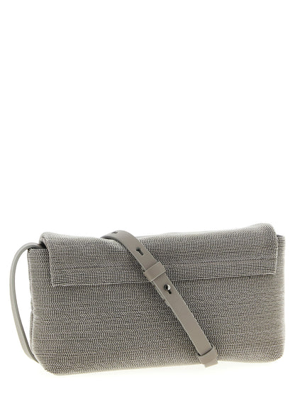 Crossbody Flap Clutch Handbag by Brunello Cucinelli for women in nappa leather & rubber silver features a statuesque silhouette, showcasing a secure flap & magnetic and organized with versatile crossbody-strap, shoulder-strap & adjustable-strap for statuesque evening wear.