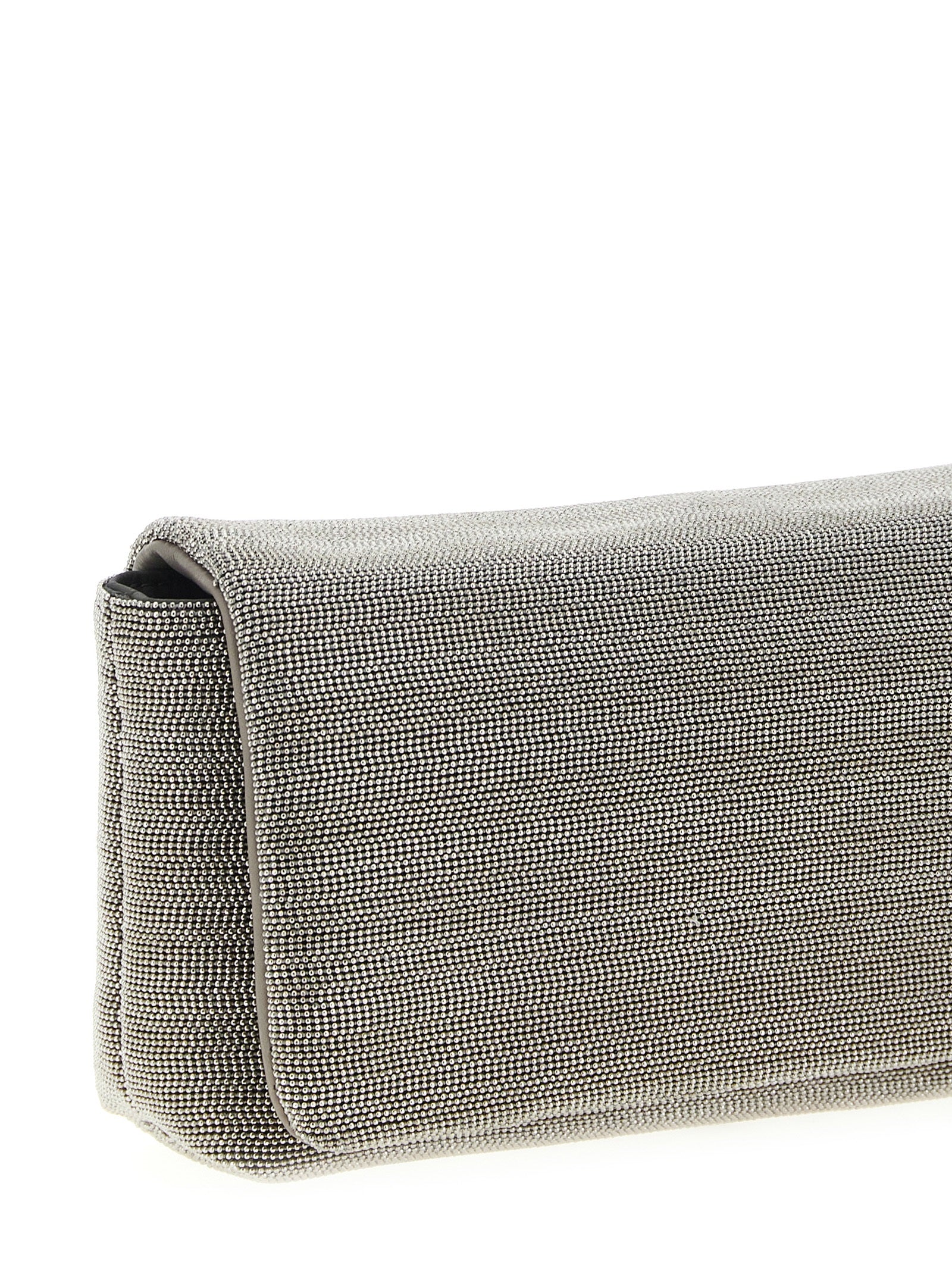 Crossbody Flap Clutch Handbag by Brunello Cucinelli for women in nappa leather & rubber silver showcases a sculptural silhouette, featuring a secure flap & magnetic, ample , and versatile crossbody-strap, shoulder-strap & adjustable-strap for a sculptural aesthetic.