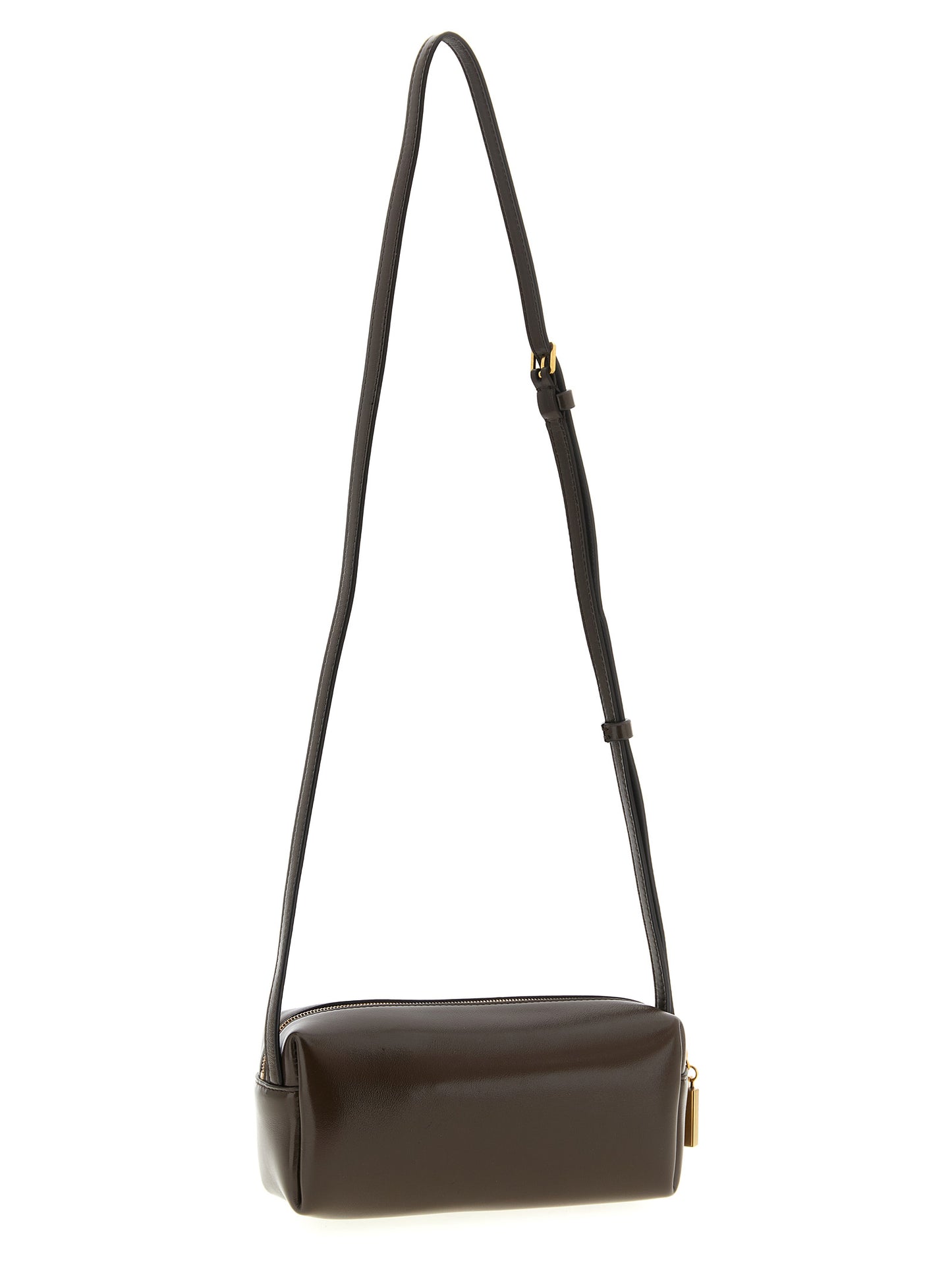 Mini East West Crossbody Handbag by Khaite for women in calfskin leather brown features a multifaceted silhouette, showcasing a secure zipper and multifaceted with versatile crossbody-strap, shoulder-strap & adjustable-strap for multifaceted style.