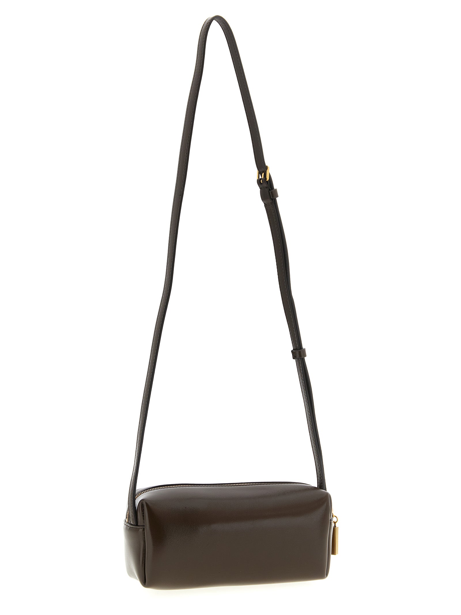 Mini East West Crossbody Handbag by Khaite for women in calfskin leather brown features a multifaceted silhouette, showcasing a secure zipper and multifaceted with versatile crossbody-strap, shoulder-strap & adjustable-strap for multifaceted style.