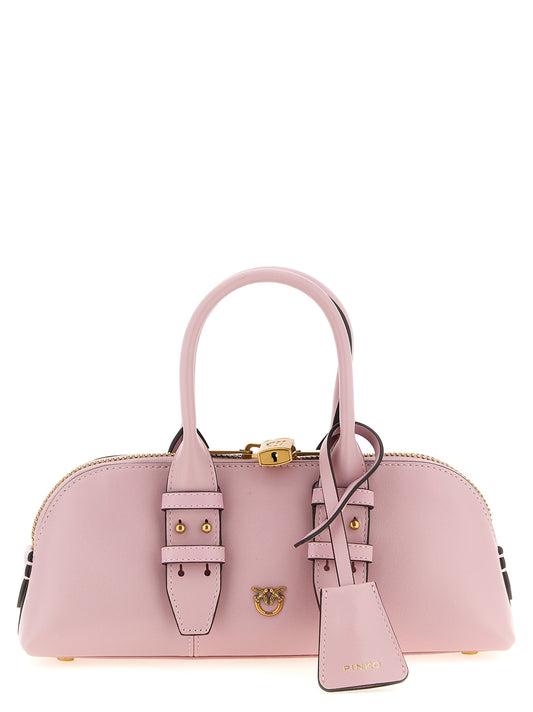 This Bowling Baguette Handbag by PINKO for women in leather & cotton and multicolor & pink presents a sculptural silhouette featuring a secure zipper, ample , and versatile shoulder-strap, adjustable-strap & handle for a sculptural finish.