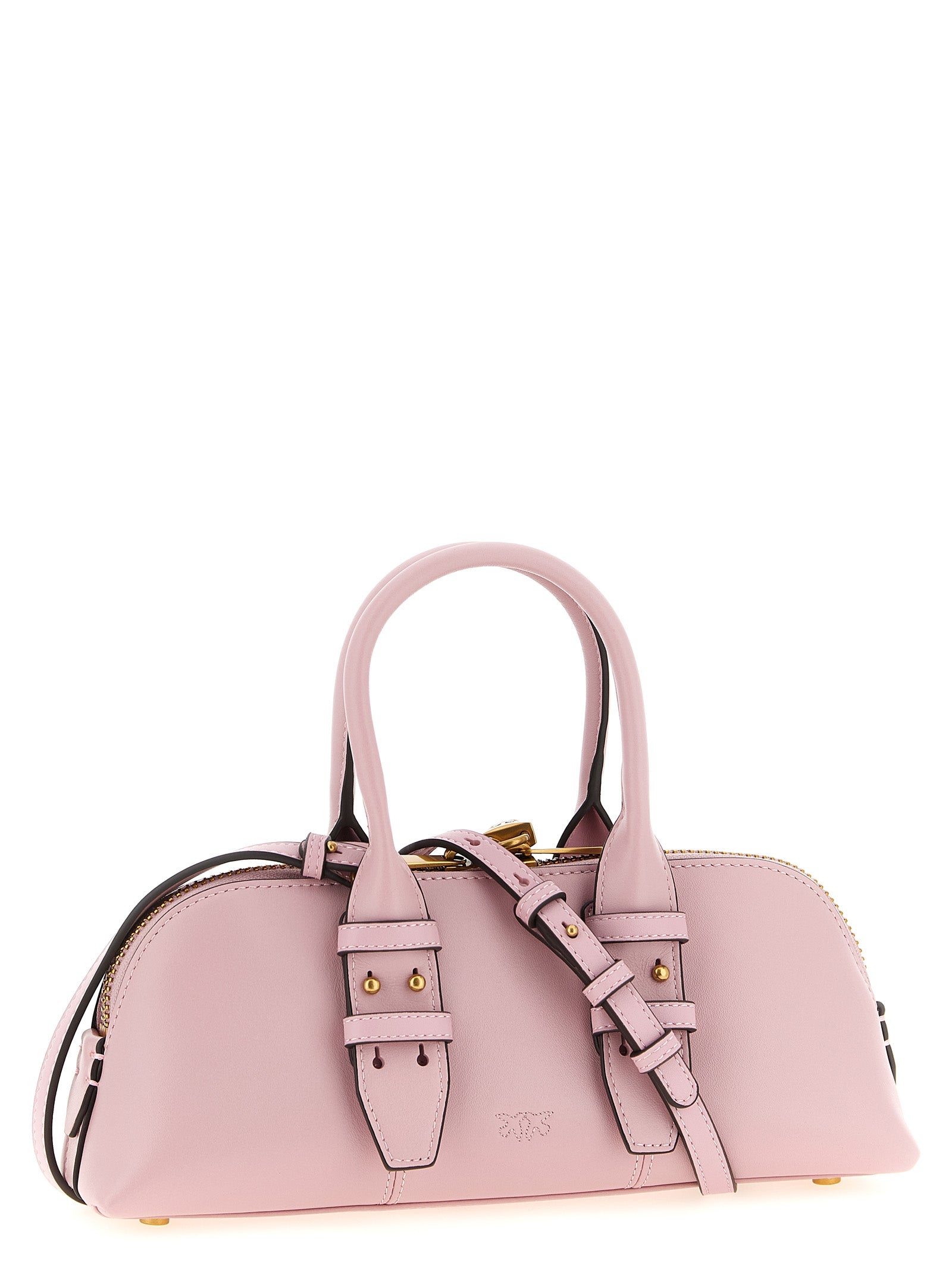 Bowling Baguette Handbag by PINKO for women in leather & cotton multicolor & pink features an refined silhouette, showcasing a secure zipper, ample , and versatile shoulder-strap, adjustable-strap & handle for a sophisticated refined aesthetic.