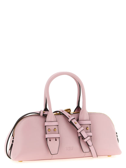 Bowling Baguette Handbag by PINKO for women in leather & cotton multicolor & pink features an refined silhouette, showcasing a secure zipper, ample , and versatile shoulder-strap, adjustable-strap & handle for a sophisticated refined aesthetic.