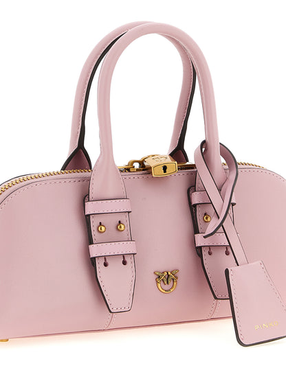 Bowling Baguette Handbag by PINKO for women in leather & cotton multicolor & pink features an refined silhouette, showcasing a secure zipper, ample , and versatile shoulder-strap, adjustable-strap & handle for a sophisticated refined aesthetic.