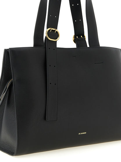 Jil Sander Cannolo Calfskin Leather Shopper Tote Bag - Black