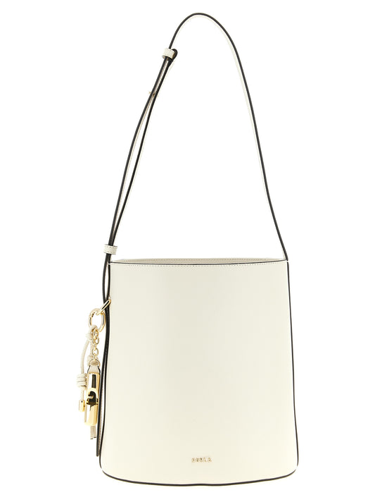 Small Shoulder Bucket Bag by Furla for women in calfskin leather white & print features a effortless sophistication silhouette, secured by a with ample and versatile shoulder-strap & adjustable-strap for a effortless sophistication finish.