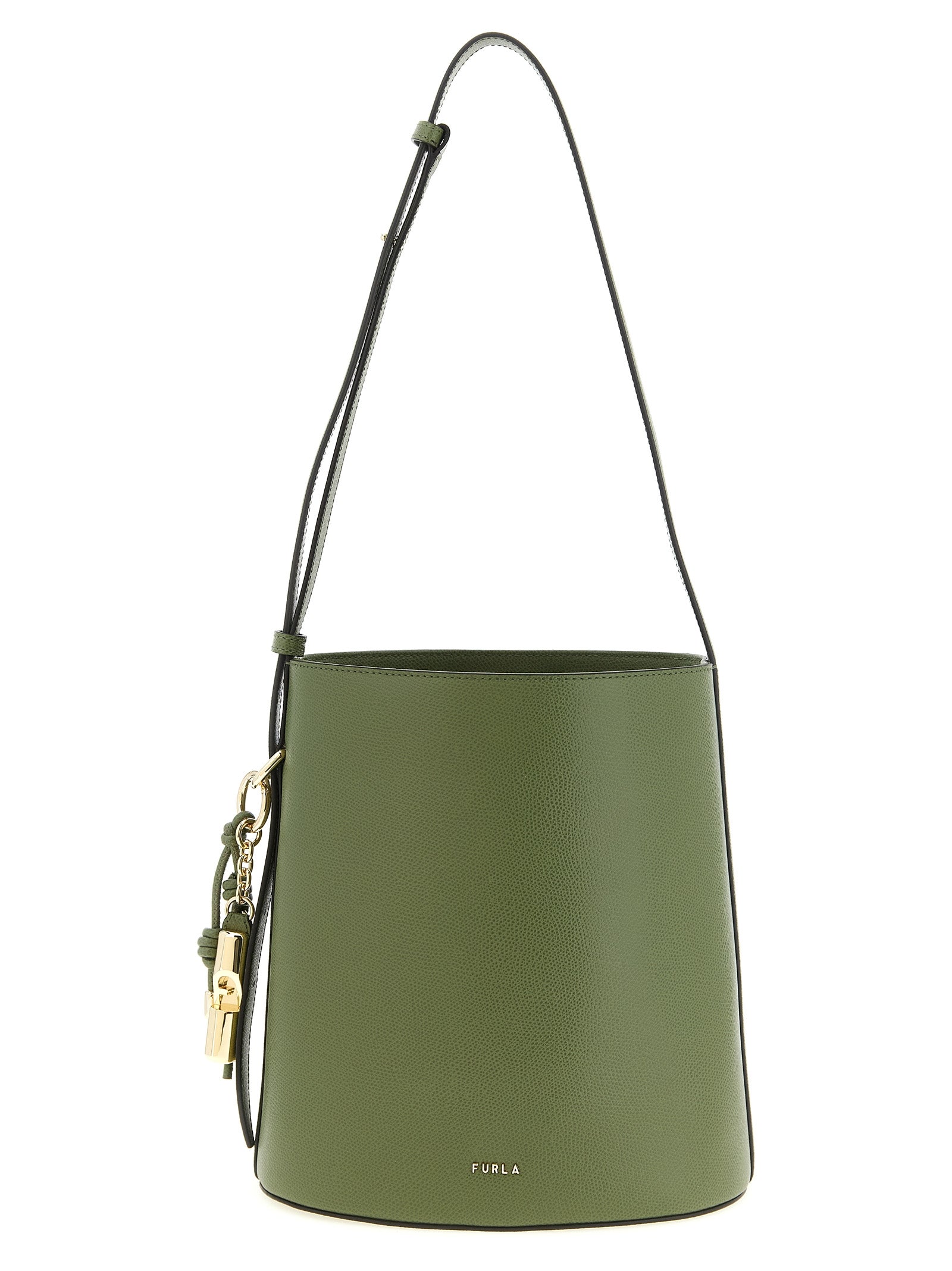 Shoulder Bucket Bag by Furla for women in calfskin leather bicolour, green & print features an effortlessly chic silhouette with a secure magnetic, ample , and versatile shoulder-strap & adjustable-strap for effortlessly chic everyday luxury.